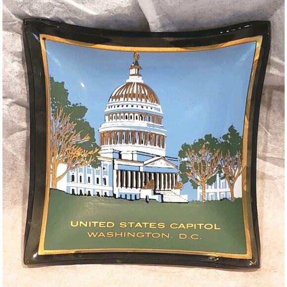 Vintage Washington DC Souvenir Mini Smoked Glass Trays Trinket Dish Set 4 - Picture 4 of 8